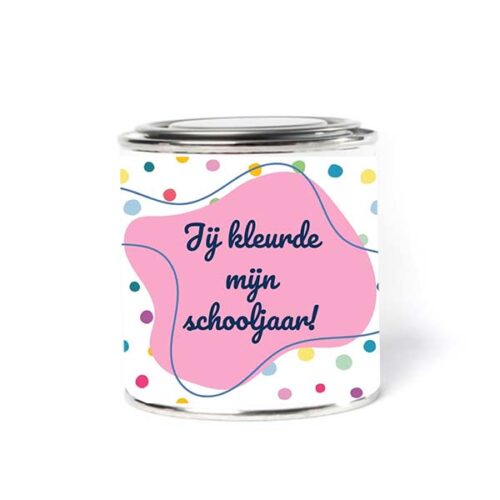Blikje “Jij kleurde mijn schooljaar” als origineel bedankje voor juf of meester, ideaal einde schooljaar cadeau of dag van de leerkracht cadeau.