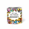 Blikje “Het was een topjaar, bedankt!” als persoonlijk bedankcadeau voor juf of meester, einde schooljaar cadeau.
