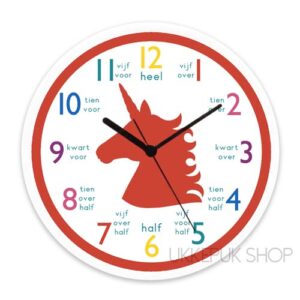 klok-kijken-leren-lezen-oefenen-klokkijken-groep-4-eenhoorn-unicorn-rood