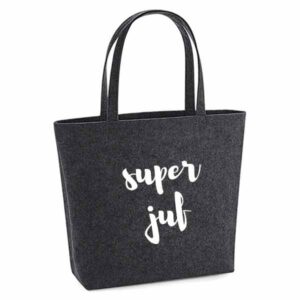 vilten-tas-bedrukt-super-juf-leerkacht-juffrouw-lerares-basischool-big-shopper-boodschappen-boodschappentas-donkergrijs